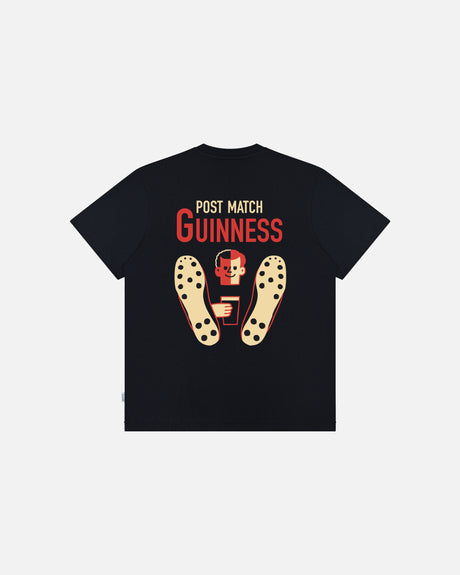 Black t-shirt with 'Post Match Guinness' text and graphic on a white background