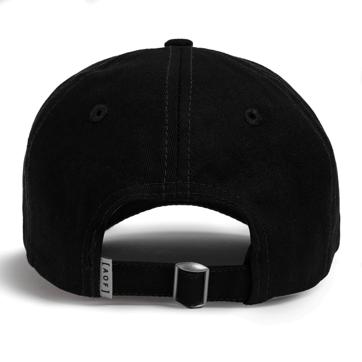Black cap with a brand logo on the back against a white background