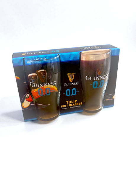 Two tulip pint glasses with Guinness branding in a packaging box on a white background