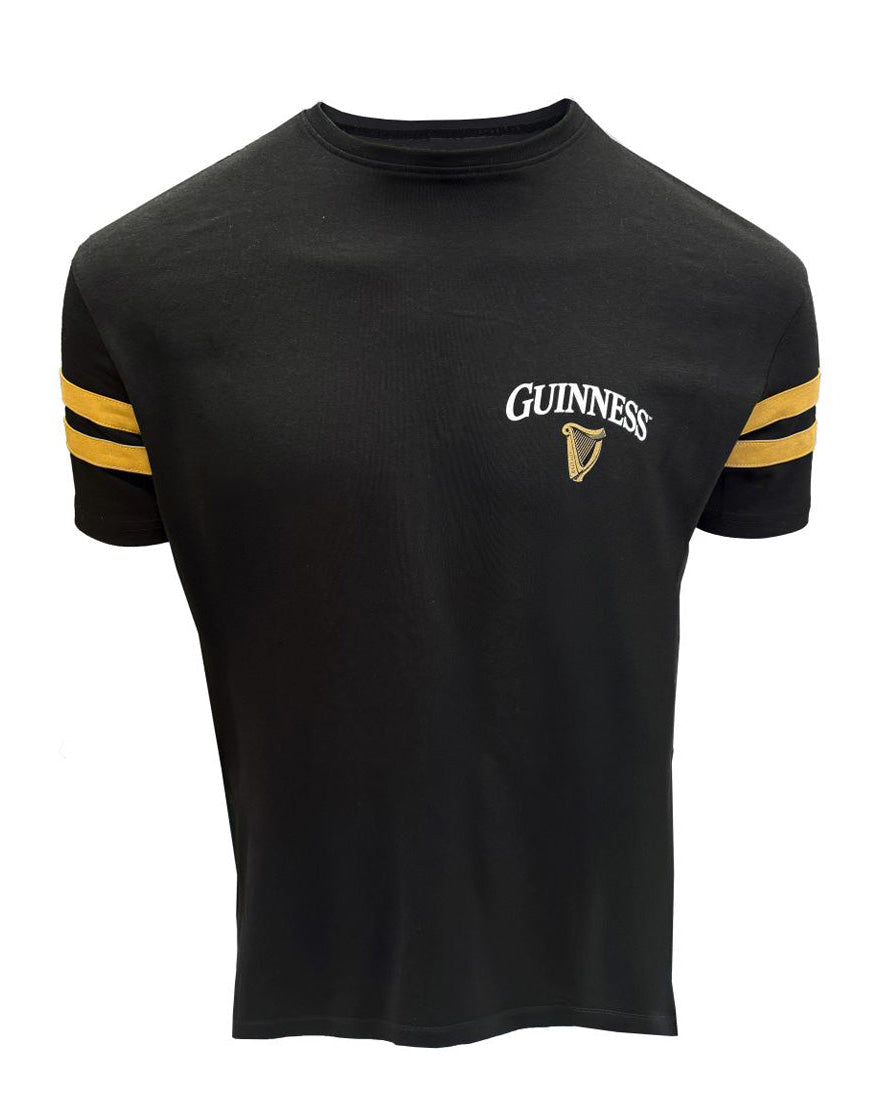 Black t-shirt with yellow stripes and Guinness logo on a white background