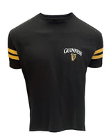 Black t-shirt with yellow stripes and Guinness logo on a white background