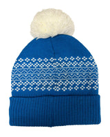 Blue knit beanie with white pattern and pom-pom on a white background