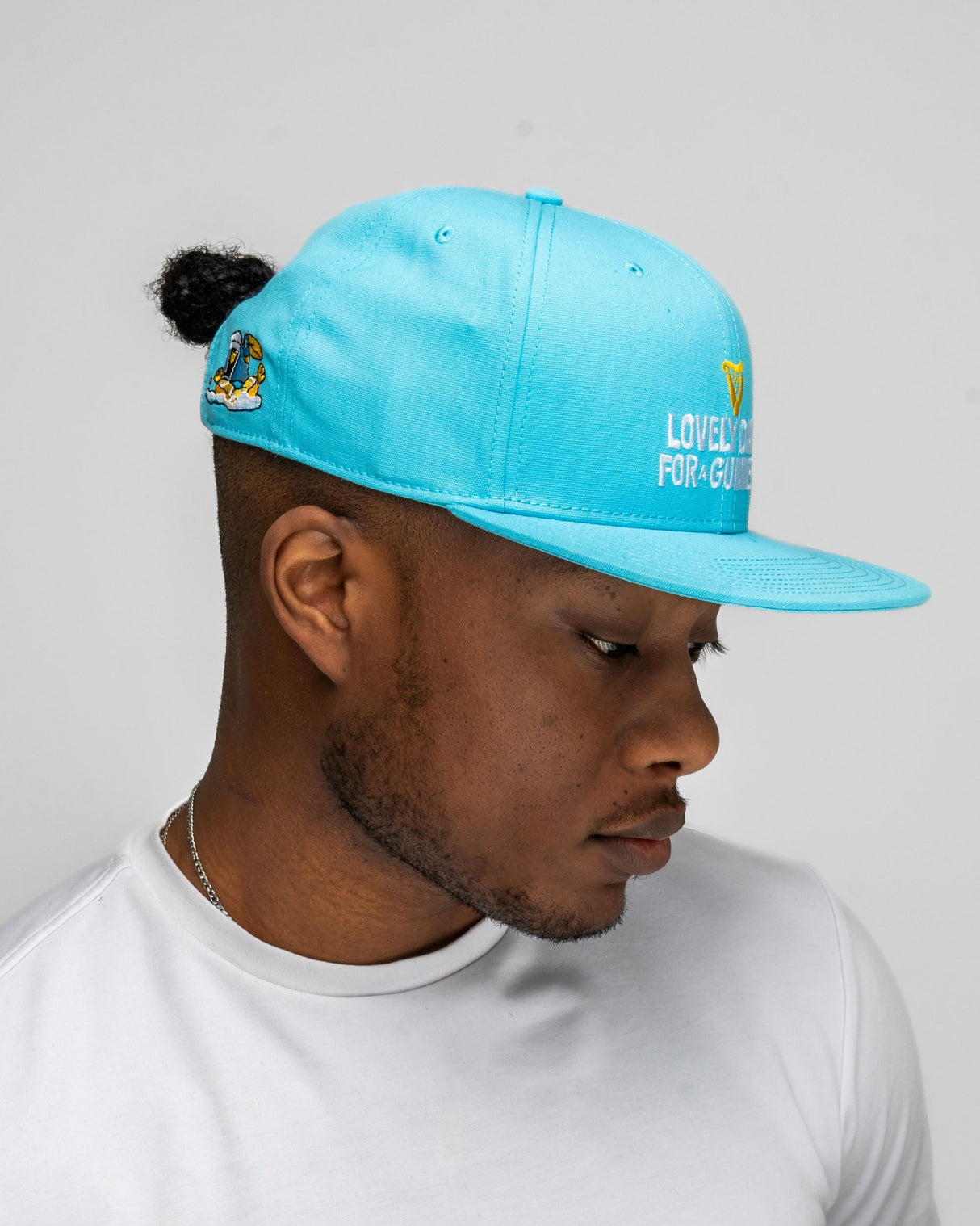 Person wearing a light blue cap with text on a plain background