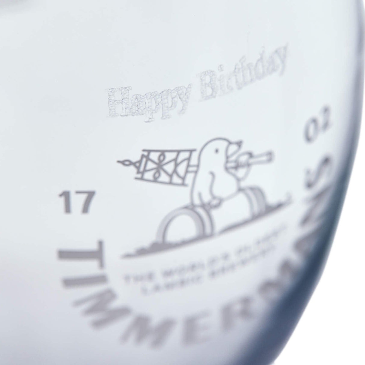 Image of personalised message reading Happy Birthday on a Timmermans flute glass. 