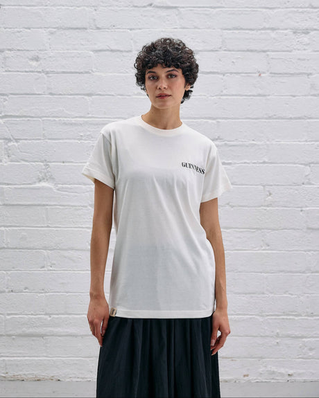 Model wearing the Guinness Naturally White T-shirt.