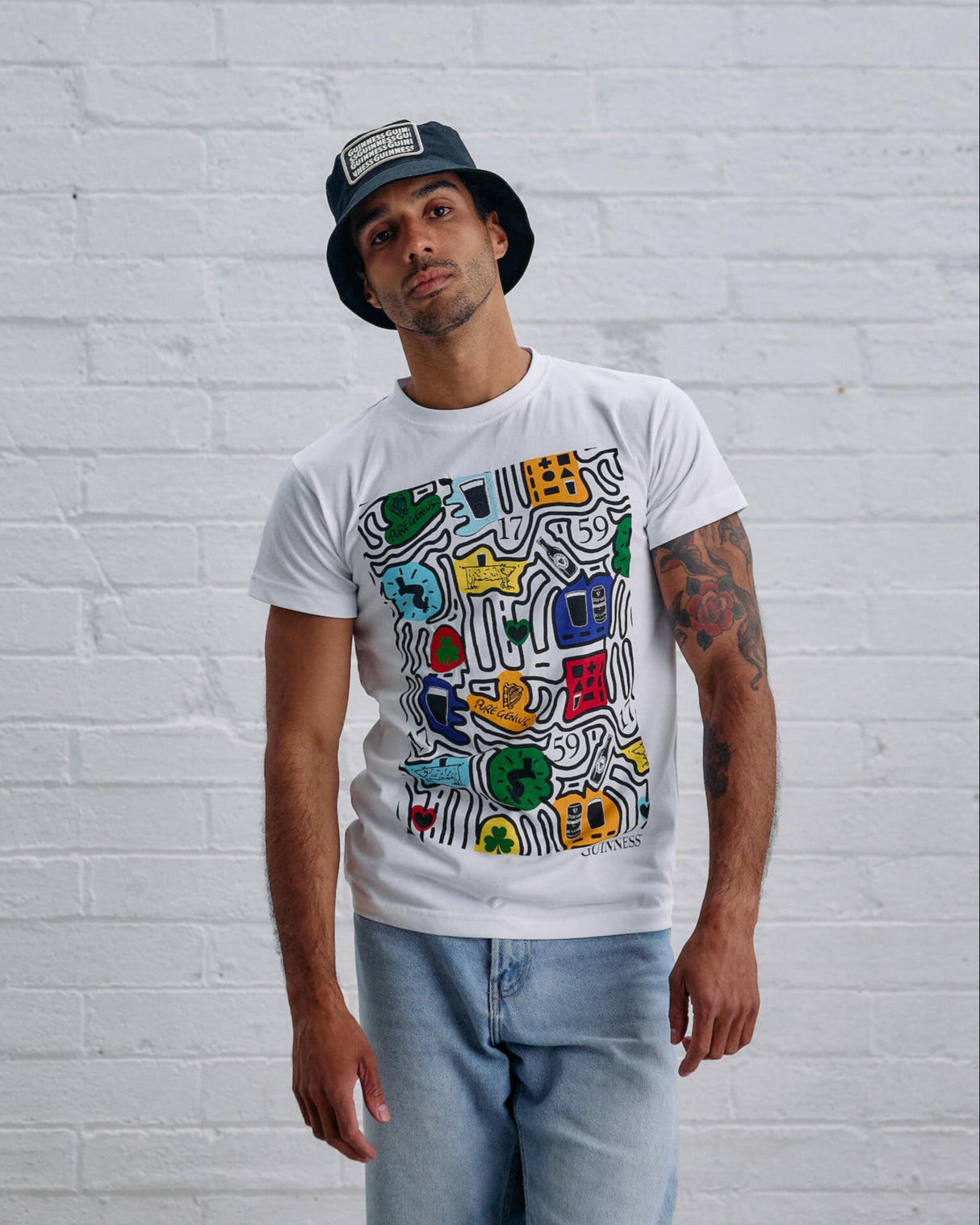 Model wearing the Guinness colourful map.