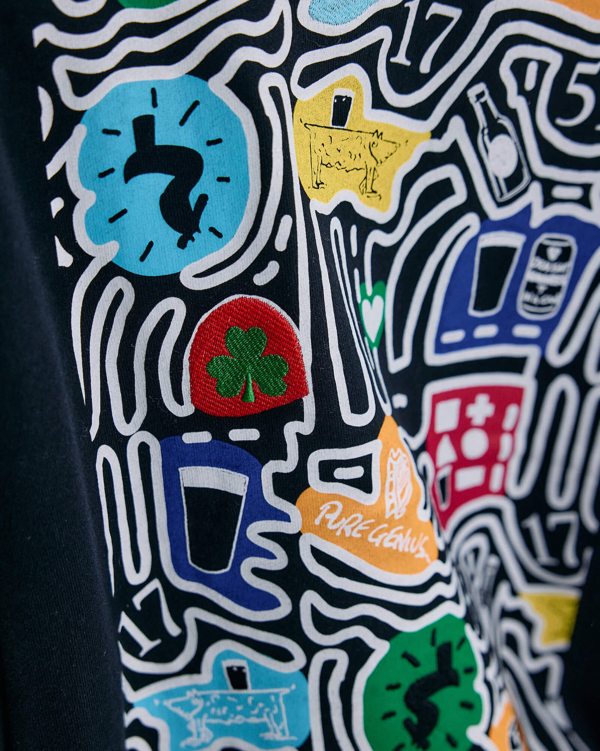 Detail shot of the Guinness Storehouse Exclusive Black Sweter with stylized Dublin map.