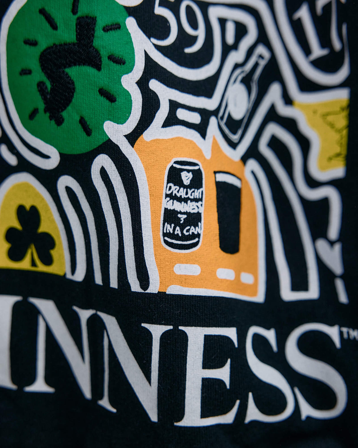 Detail shot the Guinness Storehouse Exclusive Black Sweter with stylized Dublin map.