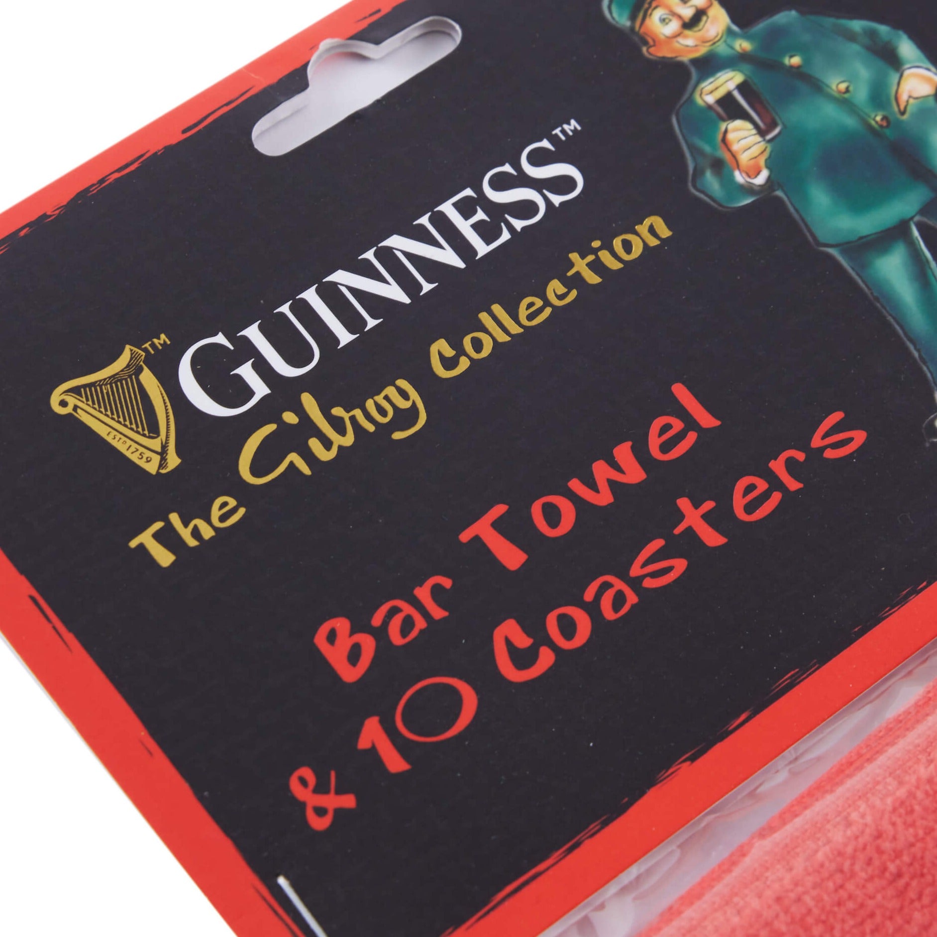 Close up image of the Guinness Gilroy Bar Towel and Coaster Set