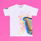 Front of the Guinness harp white t-shirt designed by the Dublin based artist, Aches, made from 100% BCI organic cotton., 