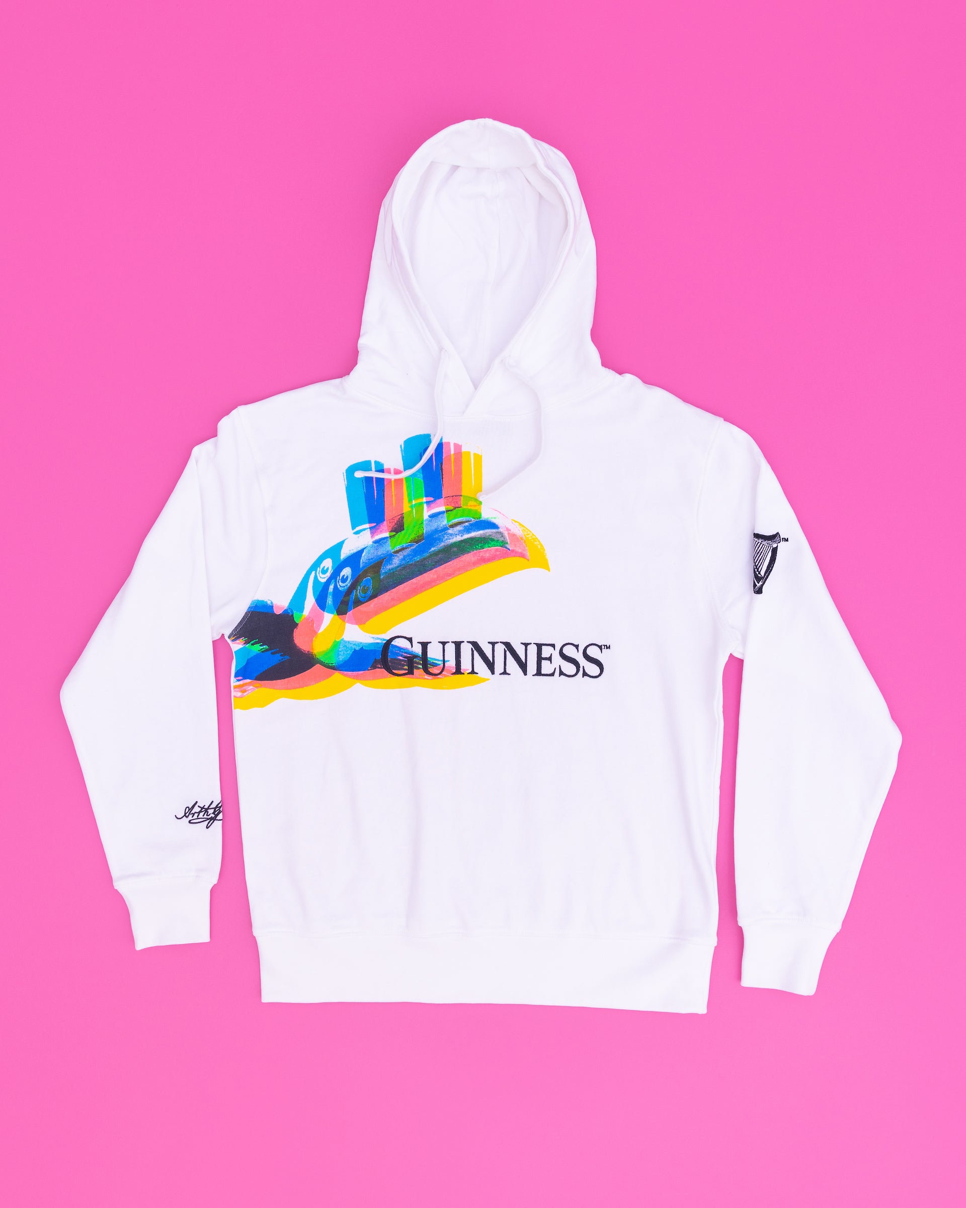 Front of the Guinness flying toucan white hoodie designed by the Dublin based artist, Aches, made from 100% Organic Cotton by the Better Cotton Initiative.