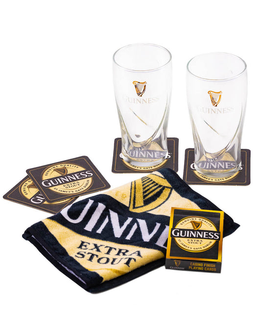 Guinness Home Bar Pack with coasters, casino finish playing cards, bar man towel and 2 Guinness original can glasses