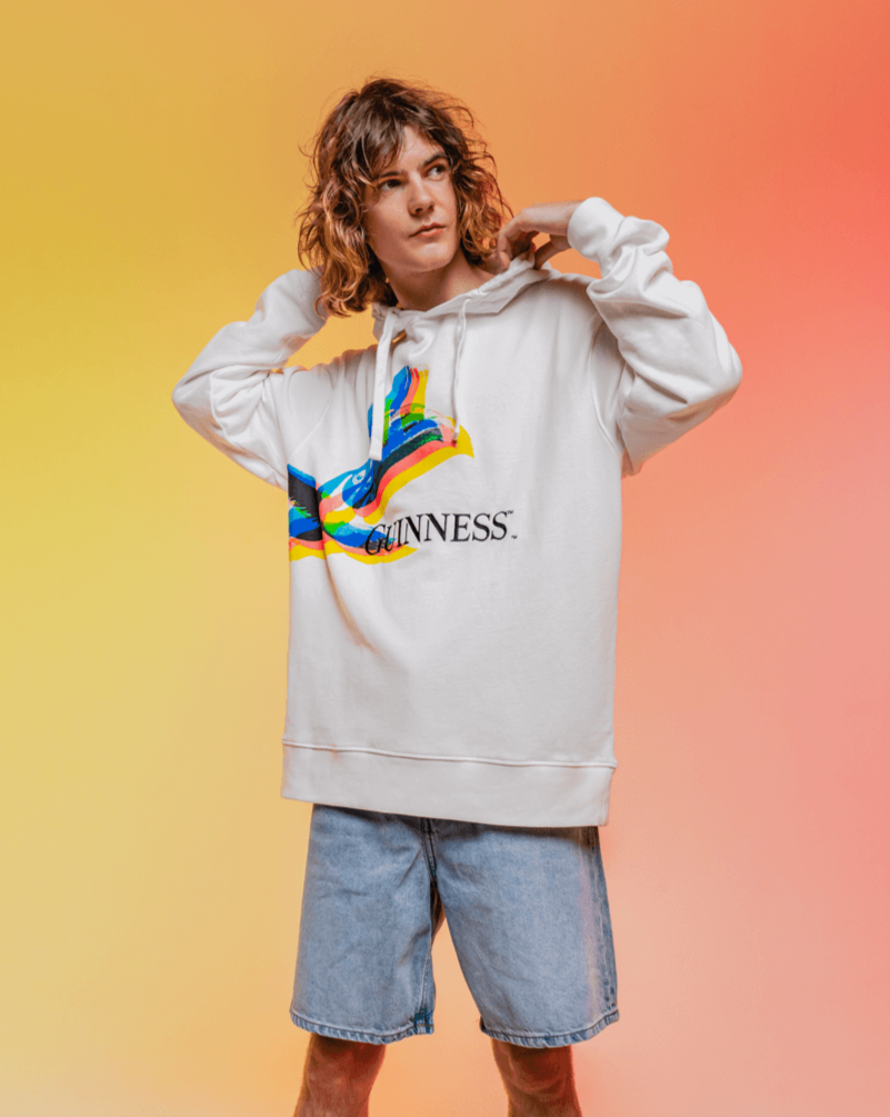 Guinness flying toucan white hoodie designed by the Dublin based artist, Aches
